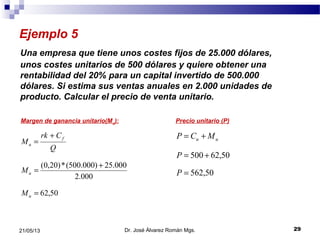 Ejemplo 5
Una empresa que tiene unos costes fijos de 25.000 dólares,
unos costes unitarios de 500 dólares y quiere obtener una
rentabilidad del 20% para un capital invertido de 500.000
dólares. Si estima sus ventas anuales en 2.000 unidades de
producto. Calcular el precio de venta unitario.
Dr. José Álvarez Román Mgs. 2921/05/13
Q
Crk
M
f
u
+
=
000.2
000.25)000.500(*)20,0( +
=uM
Margen de ganancia unitario(Mu): Precio unitario (P)
uu MCP +=
50,62500 +=P
50,62=uM
50,562=P
 