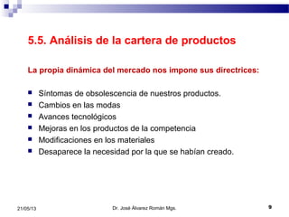 921/05/13
5.5. Análisis de la cartera de productos
La propia dinámica del mercado nos impone sus directrices:
 Síntomas de obsolescencia de nuestros productos.
 Cambios en las modas
 Avances tecnológicos
 Mejoras en los productos de la competencia
 Modificaciones en los materiales
 Desaparece la necesidad por la que se habían creado.
Dr. José Álvarez Román Mgs.
 