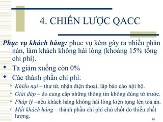 16
4. CHIẾN LƯỢC QACC
Phục vụ khách hàng: phục vụ kém gây ra nhiều phàn
nàn, làm khách không hài lòng (khoảng 15% tổng
chi phí).
 Ta giảm xuống còn 0%
 Các thành phần chi phí:
 Khiếu nại – thư từ, nhận điện thoại, lâp báo cáo nội bộ.
 Giải đáp – do cung cấp những thông tin không đúng từ trước.
 Pháp lý –nếu khách hàng không hài lòng kiện tụng lên toà án.
 Mất khách hàng – thành phần chi phí chủ chốt do thiếu chất
lượng.
 