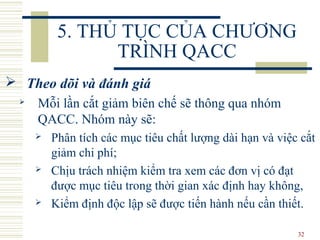 32
5. THỦ TỤC CỦA CHƯƠNG
TRÌNH QACC
 Theo dõi và đánh giá
 Mỗi lần cắt giảm biên chế sẽ thông qua nhóm
QACC. Nhóm này sẽ:
 Phân tích các mục tiêu chất lượng dài hạn và việc cắt
giảm chi phí;
 Chịu trách nhiệm kiểm tra xem các đơn vị có đạt
được mục tiêu trong thời gian xác định hay không,
 Kiểm định độc lập sẽ được tiến hành nếu cần thiết.
 