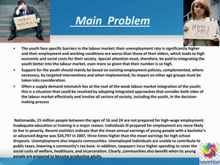 Main Problem
• The youth face specific barriers in the labour market; their unemployment rate is significantly higher
and their employment and working conditions are worse than those of their elders, which leads to high
economic and social costs for their society. Special attention must, therefore, be paid to integrating the
youth better into the labour market, even more so given that their number is so high.
• Support for the youth should mainly be based on existing employment policies, complemented, where
necessary, by targeted interventions and when implemented, its impact on other age groups must be
taken into consideration.
• Often a supply demand mismatch lies at the root of the weak labour market integration of the youth;
this is a situation that could be resolved by adopting integrated approaches that consider both sides of
the labour market effectively and involve all sectors of society, including the youth, in the decision-
making process
Nationwide, 15 million people between the ages of 16 and 24 are not prepared for high‐wage employment.
Inadequate education or training is a major reason. Individuals ill prepared for employment are more likely
to live in poverty. Recent statistics indicate that the mean annual earnings of young people with a bachelor’s
or advanced degree was $24,797 in 2007, three times higher than the mean earnings for high school
dropouts. Unemployment also impacts communities. Unemployed individuals are unable to contribute to
public taxes, lowering a community’s tax base. In addition, taxpayers incur higher spending to cover the
social costs of welfare, healthcare, and incarceration. Clearly ,communities also benefit when its young
people are prepared to become productive adults.
 