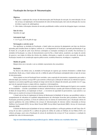 Fiscalização dos serviços de telecomunicações


       objetivos
       • Organizar a exploração dos serviços de telecomunicações pela fiscalização da execução, da comercialização, do uso
         dos serviços, da implantação e do funcionamento de redes de telecomunicações, bem como da utilização dos recursos
         de órbita e espectro de radiofrequência.
       • Aferir dados e informações relevantes de mercado, possibilitando o melhor controle das obrigações legais e contratuais.

       data de início
       Novembro de 1998

       instrumento legal
       • Lei nº 9.472, de 16 de julho de 1997

       Participação e controle social
         Para aperfeiçoar as atividades de fiscalização, a Anatel realiza seu processo de planejamento com base nas diretrizes
aprovadas pelo Conselho Diretor da Agência, conforme art. 11 do Regulamento de Fiscalização, aprovado pela Resolução nº 441
da Anatel, de 12 de julho de 2006. Essas diretrizes contemplam as orientações estratégicas do conselho. Para harmonizar as
atividades de fiscalização e as metas de desenvolvimento social do País, a Anatel solicita, anualmente, aos órgãos de controle
do governo e aos órgãos de defesa dos direitos dos cidadãos, informações a respeito do cenário merecedor de atenção da
fiscalização, levando-se em consideração aspectos político-sociais, econômico-financeiros, tecnológicos e regulatórios.

       modelo de gestão
       Relação direta com o mercado e com as entidades representantes dos consumidores

       resultados
         No decorrer dos últimos anos, as atividades de fiscalização em aspectos que envolvem diretamente o cidadão foram
intensificadas. Desde 2003, a Anatel realizou mais de 1,7 milhão de ações de fiscalização contemplando todos os tipos de serviços
de telecomunicações.
         Vários projetos na área de fiscalização foram concluídos, como a aquisição de instrumentos e equipamentos para avaliar a
televisão digital, para monitorar serviços WiFi e para aumentar a eficácia para a obtenção de indícios do uso indevido do espectro.
Implantou-se um sistema específico para medição em tempo real de níveis de radiação não ionizante, para atender à Lei nº 11.934,
que trata da exposição humana a campos elétricos, magnéticos e eletromagnéticos.
         A agência de regulação está concluindo a modernização do Sistema de Gestão e Monitoragem do Espectro com o aumento
de funcionalidades – incluindo a possibilidade de detectar radiointerferências causadas pelo Sistema de Banda Larga por meio
de Redes de Energia Elétrica, em implantação no Brasil –, e incremento da capacidade de gerenciamento, o que aumenta a sua
eficácia para os usuários de serviços de telecomunicações.
         A Anatel está em fase de implantação do Sistema de Monitoração da Qualidade de Serviços, que possibilitará realizar o
acompanhamento de indicadores de qualidade independentemente das informações fornecidas pelas prestadoras. Serão feitas
fiscalizações preventivas periódicas, na forma de auditorias e/ou de sistemas de monitoramento para a fiscalização indireta de
aspectos qualitativos das contas telefônicas dos serviços de telecomunicações de interesse coletivo relacionadas ao Serviço
Telefônico Fixo Comutado (STFC), Serviço Móvel Pessoal (SMP), Serviço Móvel Especializado (SME) e Serviço de Comunicação
Multimídia (SCM).
         O Sistema de Monitoração da Qualidade de Serviços também possibilitará a verificação qualitativa do VoIP (Voice Over IP,
serviço de voz sobre o protocolo IP) e a cadência da queima de créditos de cartões em Telefones de Uso Público (TUP) e em
celulares pré-pagos, assim como a fiscalização de centrais de atendimento dos serviços de TV por assinatura e a avaliação da
qualidade das redes de telecomunicações.

       Veja em www.balancodegoverno.presidencia.gov.br, tabelas relativas aos resultados deste item.




                                                                                                                    Comunicações      179
 
