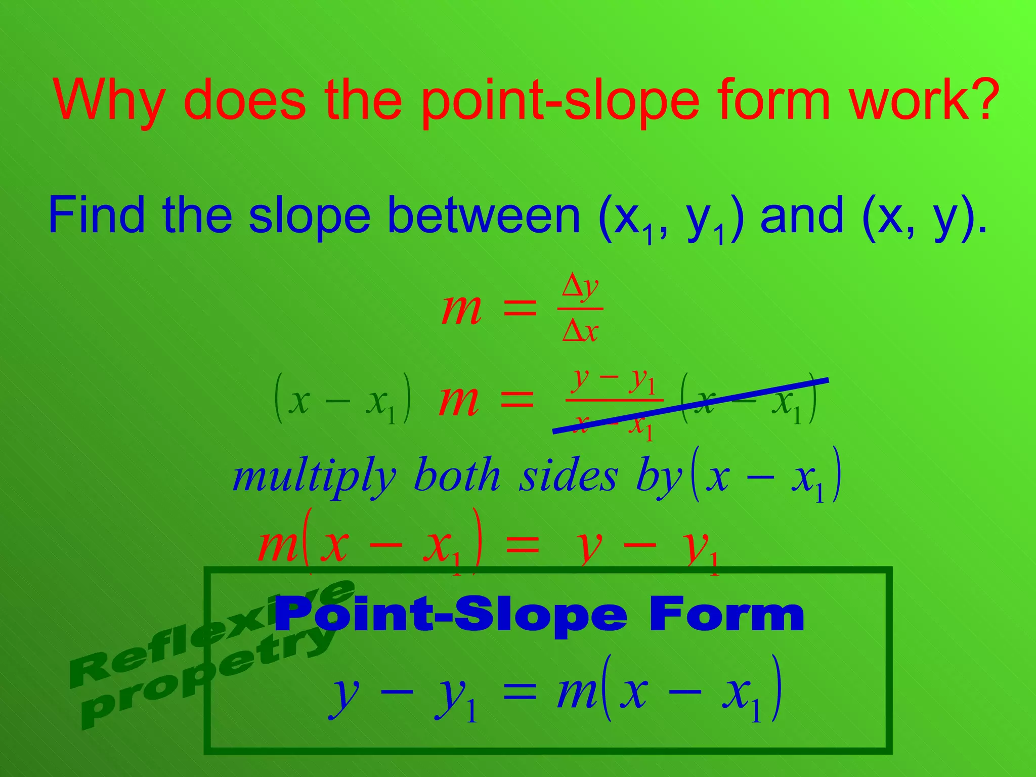 Why does the point-slope form work? Find the slope between (x 1 , y 1 ) and (x, y). Reflexive propetry Point-Slope Form 
