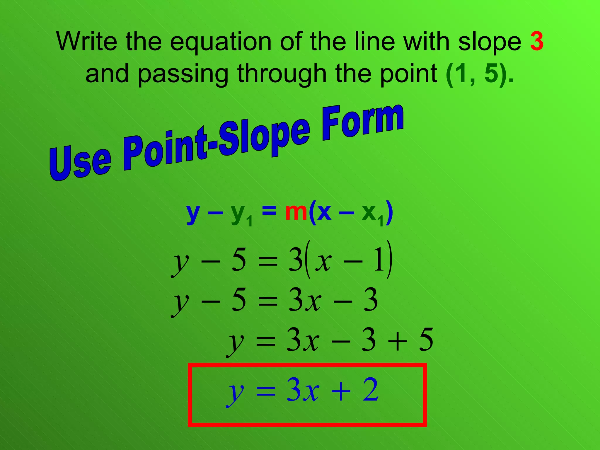Write the equation of the line with slope  3  and passing through the point  (1, 5). y –  y 1  =  m (x –  x 1 ) Use Point-Slope Form 
