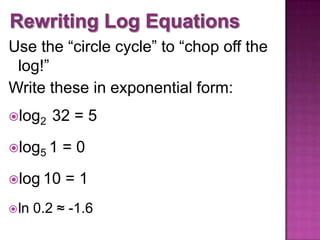 Use the “circle cycle” to “chop off the
log!”
Write these in exponential form:
log2

32 = 5

log5 1

=0

log 10

=1

 ln

0.2 ≈ -1.6

 