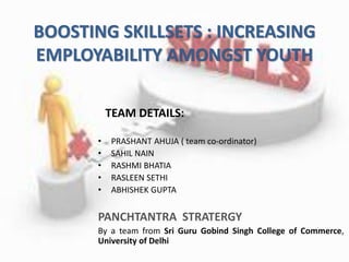 BOOSTING SKILLSETS : INCREASING
EMPLOYABILITY AMONGST YOUTH
TEAM DETAILS:
• PRASHANT AHUJA ( team co-ordinator)
• SAHIL NAIN
• RASHMI BHATIA
• RASLEEN SETHI
• ABHISHEK GUPTA
PANCHTANTRA STRATERGY
By a team from Sri Guru Gobind Singh College of Commerce,
University of Delhi
 
