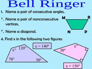 Bell Ringer ,[object Object],[object Object],[object Object],[object Object],x = 140° x = 150° M N R P 120° 30° x° 70° 30° x° 