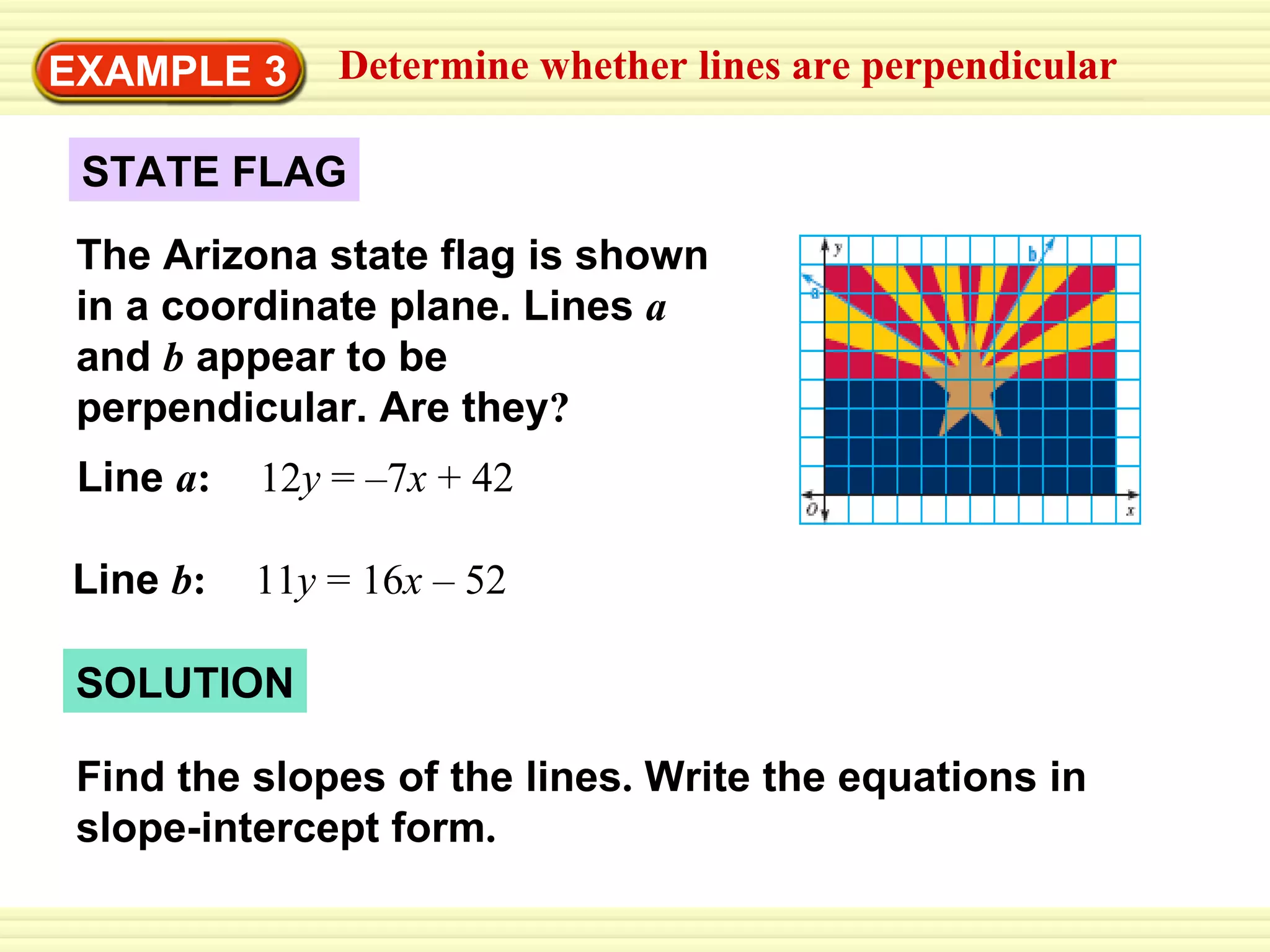 SOLUTION EXAMPLE 3 Determine whether lines are perpendicular Line   a :   12 y  = –7 x  + 42 Line   b :   11 y  = 16 x  – 52 Find the slopes of the lines .  Write the equations in slope-intercept form . The Arizona state flag is shown in a coordinate plane. Lines  a   and  b   appear to be perpendicular. Are they ? STATE FLAG 