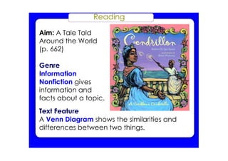 Reading
Aim: A Tale Told
Around the World
(p. 662)
Genre
Information
Nonfiction gives
information and
facts about a topic.
Text Feature
A Venn Diagram shows the similarities and
differences between two things.
 