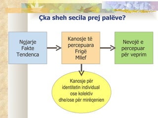 Çka sheh secila prej palëve?


                 Kanosje të
 Ngjarje                                Nevojë e
                 percepuara
  Fakte                                percepuar
                    Frigë
Tendenca                               për veprim
                    Mllef



                  Kanosje për
              identitetin individual
                  ose kolektiv
             dhe/ose për mirëqenien
 