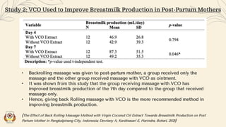 • Backrolling massage was given to post-partum mother, a group received only the
massage and the other group received massage with VCO as ointment.
• It was shown from this study that the group receiving massage with VCO has
improved breastmilk production of the 7th day compared to the group that received
massage only.
• Hence, giving back Rolling massage with VCO is the more recommended method in
improving breastmilk production.
(The Effect of Back Rolling Massage Method with Virgin Coconut Oil Extract Towards Breastmilk Production on Post
Partum Mother in Pangkalpinang City, Indonesia; Devriany A, Kardinasari E, Harindra, Bohari, 2021)
Study 2: VCO Used to Improve Breastmilk Production in Post-Partum Mothers
 