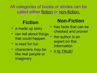 All categories of books or stories can be called either   fiction  or  non-fiction. Fiction a made up story  can tell about things that  could  happen is read for fun  characters may be like real people or imaginary Non-Fiction has facts that can be checked and proven  the author is an expert on this information it  IS TRUE ! 