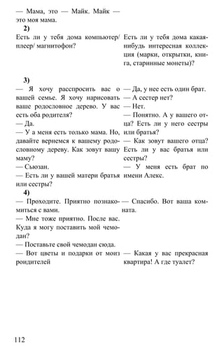 www.gdzbest.ru
112
— Мама, это — Майк. Майк —
это моя мама.
2)
Есть ли у тебя дома компьютер/
плеер/ магнитофон?
Есть ли у тебя дома какая-
нибудь интересная коллек-
ция (марки, открытки, кни-
га, старинные монеты)?
3)
— Я хочу расспросить вас о
вашей семье. Я хочу нарисовать
ваше родословное дерево. У вас
есть оба родителя?
— Да.
— У а меня есть только мама. Но,
давайте вернемся к вашему родо-
словному дереву. Как зовут вашу
маму?
— Сьюзан.
— Есть ли у вашей матери братья
или сестры?
— Да, у нее есть один брат.
— А сестер нет?
— Нет.
— Понятно. А у вашего от-
ца? Есть ли у него сестры
или братья?
— Как зовут вашего отца?
Есть ли у вас братья или
сестры?
— У меня есть брат по
имени Алекс.
4)
— Проходите. Приятно познако-
миться с вами.
— Мне тоже приятно. После вас.
Куда я могу поставить мой чемо-
дан?
— Поставьте свой чемодан сюда.
— Вот цветы и подарки от моиз
роидителей
— Спасибо. Вот ваша ком-
ната.
— Какая у вас прекрасная
квартира! А где туалет?
 