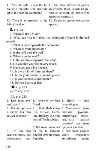 www.gdzbest.ru
118
11. Yes, the sofa is near the ta-
ble. (No, the sofa is not near the
table, it’s near the wardrobe.)
12. There is an armchair to the
left of the door.
11. Да, диван находится рядом
со столом. (Нет, диван не ря-
дом со столом, он находится
рядом со шкафом.)
12. Слева от двери находится
кресло.
8. стр. 261
1. Where is the TV set?
2. What can you tell about the bedroom? (Where is the bed-
room)?
3. What is there opposite the bedroom?
4. Where is your classroom?
5. Is the sofa near the wall?
6. What is on the wall?
7. Is the wardrobe opposite the sofa?
8. Do you like your room very much?
9. Have you got a big kitchen?
10. Is there a lot of furniture there?
11. Is this your mother’s favorite place?
12. Is your kitchen comfortable?
13. Do you like your flat?
10. стр. 263
см. 9. стр. 262.
11. стр. 263
1. Кто твой луч-
ший друг?
2. Какой предмет
в школе для тебя
самый сложный?
3. Что для тебя
важнее: знать, как
переводить анг-
1. (Peter) is my best
friend.
2. I find Math (Eng-
lish, Russian, Litera-
ture, Biology, etc.) the
most difficult subject.
3. It’s more important
for me to translate
English texts (to speak
English).
1. (Петр) — мой
лучший друг.
2. Математика (анг-
лийский, русский,
литература, биоло-
гия, т.п.) — самый
сложный для меня
предмет в школе.
3. Для меня важнее
уметь переводить
английские тексты
 