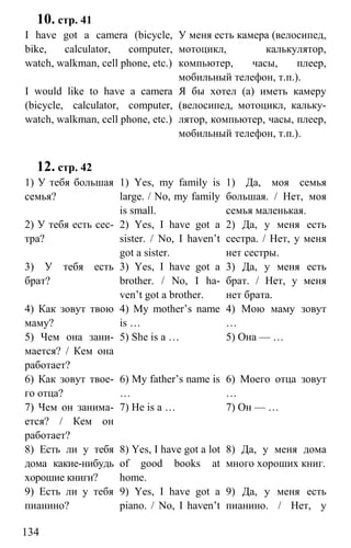 www.gdzbest.ru
134
10. стр. 41
I have got a camera (bicycle,
bike, calculator, computer,
watch, walkman, cell phone, etc.)
У меня есть камера (велосипед,
мотоцикл, калькулятор,
компьютер, часы, плеер,
мобильный телефон, т.п.).
I would like to have a camera
(bicycle, calculator, computer,
watch, walkman, cell phone, etc.)
Я бы хотел (а) иметь камеру
(велосипед, мотоцикл, кальку-
лятор, компьютер, часы, плеер,
мобильный телефон, т.п.).
12. стр. 42
1) У тебя большая
семья?
1) Yes, my family is
large. / No, my family
is small.
1) Да, моя семья
большая. / Нет, моя
семья маленькая.
2) У тебя есть сес-
тра?
2) Yes, I have got a
sister. / No, I haven’t
got a sister.
2) Да, у меня есть
сестра. / Нет, у меня
нет сестры.
3) У тебя есть
брат?
3) Yes, I have got a
brother. / No, I ha-
ven’t got a brother.
3) Да, у меня есть
брат. / Нет, у меня
нет брата.
4) Как зовут твою
маму?
4) My mother’s name
is …
4) Мою маму зовут
…
5) Чем она зани-
мается? / Кем она
работает?
5) She is a … 5) Она — …
6) Как зовут твое-
го отца?
6) My father’s name is
…
6) Моего отца зовут
…
7) Чем он занима-
ется? / Кем он
работает?
7) He is a … 7) Он — …
8) Есть ли у тебя
дома какие-нибудь
хорошие книги?
8) Yes, I have got a lot
of good books at
home.
8) Да, у меня дома
много хороших книг.
9) Есть ли у тебя
пианино?
9) Yes, I have got a
piano. / No, I haven’t
9) Да, у меня есть
пианино. / Нет, у
 