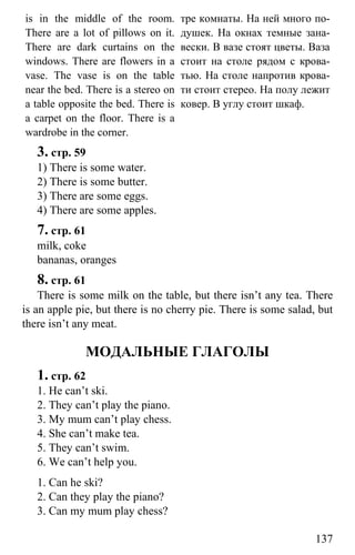 www.gdzbest.ru
137
is in the middle of the room.
There are a lot of pillows on it.
There are dark curtains on the
windows. There are flowers in a
vase. The vase is on the table
near the bed. There is a stereo on
a table opposite the bed. There is
a carpet on the floor. There is a
wardrobe in the corner.
тре комнаты. На ней много по-
душек. На окнах темные зана-
вески. В вазе стоят цветы. Ваза
стоит на столе рядом с крова-
тью. На столе напротив крова-
ти стоит стерео. На полу лежит
ковер. В углу стоит шкаф.
3. стр. 59
1) There is some water.
2) There is some butter.
3) There are some eggs.
4) There are some apples.
7. стр. 61
milk, coke
bananas, oranges
8. стр. 61
There is some milk on the table, but there isn’t any tea. There
is an apple pie, but there is no cherry pie. There is some salad, but
there isn’t any meat.
МОДАЛЬНЫЕ ГЛАГОЛЫ
1. стр. 62
1. He can’t ski.
2. They can’t play the piano.
3. My mum can’t play chess.
4. She can’t make tea.
5. They can’t swim.
6. We can’t help you.
1. Can he ski?
2. Can they play the piano?
3. Can my mum play chess?
 