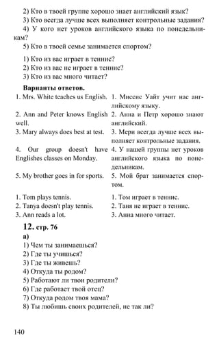 www.gdzbest.ru
140
2) Кто в твоей группе хорошо знает английский язык?
3) Кто всегда лучше всех выполняет контрольные задания?
4) У кого нет уроков английского языка по понедельни-
кам?
5) Кто в твоей семье занимается спортом?
1) Кто из вас играет в теннис?
2) Кто из вас не играет в теннис?
3) Кто из вас много читает?
Варианты ответов.
1. Mrs. White teaches us English. 1. Миссис Уайт учит нас анг-
лийскому языку.
2. Ann and Peter knows English
well.
2. Анна и Петр хорошо знают
английский.
3. Mary always does best at test. 3. Мери всегда лучше всех вы-
полняет контрольные задания.
4. Our group doesn't have
Englishes classes on Monday.
4. У нашей группы нет уроков
английского языка по поне-
дельникам.
5. My brother goes in for sports. 5. Мой брат занимается спор-
том.
1. Tom plays tennis. 1. Том играет в теннис.
2. Tanya doesn't play tennis. 2. Таня не играет в теннис.
3. Ann reads a lot. 3. Анна много читает.
12. стр. 76
a)
1) Чем ты занимаешься?
2) Где ты учишься?
3) Где ты живешь?
4) Откуда ты родом?
5) Работают ли твои родители?
6) Где работает твой отец?
7) Откуда родом твоя мама?
8) Ты любишь своих родителей, не так ли?
 