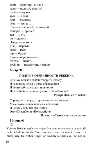 www.gdzbest.ru
16
short — короткий, низкий
stout — полный, толстый
handle — ручка
spout — носик
hear — слышать
shout — кричать
true — правдивый, настоящий
example — пример
can — мочь
do — делать
change — менять
first — первый
hand — рука
hip — бедро
form — образовывать
reverse — менять
position — положение, позиция
6. стр. 91
ПОЛНЫЕ ОБЯЗАННОСТИ РЕБЕНКА
Ребенок всегда должен говорить правду,
И говорить, когда к нему обращаются
И вести себя за столом прилично:
По крайней мере, в меру своих способностей.
Роберт Льюис Стивенсон
Сердца, как двери, открываются с легкостью
Маленькими-маленькими ключиками.
И не забывай, что два из них —
Это «Спасибо» и «Пожалуйста»
Из книги «Стихи матушки-гусыни»
10. стр. 93
(б)
You can have an apple and vege-
table salad for lunch. You can
drink juice, tea without sugar, or
На ланч вы сможете съесть яб-
локо или овощной салат. Вы
можете выпить сок, чай без са-
 