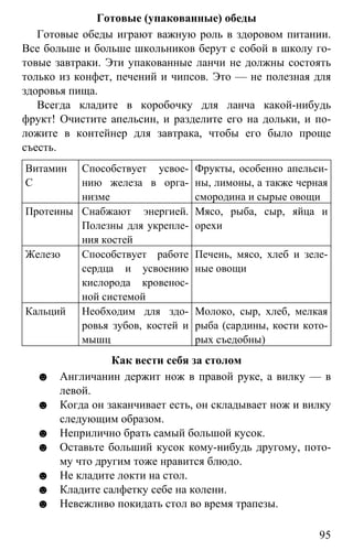 www.gdzbest.ru
95
Готовые (упакованные) обеды
Готовые обеды играют важную роль в здоровом питании.
Все больше и больше школьников берут с собой в школу го-
товые завтраки. Эти упакованные ланчи не должны состоять
только из конфет, печений и чипсов. Это — не полезная для
здоровья пища.
Всегда кладите в коробочку для ланча какой-нибудь
фрукт! Очистите апельсин, и разделите его на дольки, и по-
ложите в контейнер для завтрака, чтобы его было проще
съесть.
Витамин
С
Способствует усвое-
нию железа в орга-
низме
Фрукты, особенно апельси-
ны, лимоны, а также черная
смородина и сырые овощи
Протеины Снабжают энергией.
Полезны для укрепле-
ния костей
Мясо, рыба, сыр, яйца и
орехи
Железо Способствует работе
сердца и усвоению
кислорода кровенос-
ной системой
Печень, мясо, хлеб и зеле-
ные овощи
Кальций Необходим для здо-
ровья зубов, костей и
мышц
Молоко, сыр, хлеб, мелкая
рыба (сардины, кости кото-
рых съедобны)
Как вести себя за столом
☻ Англичанин держит нож в правой руке, а вилку — в
левой.
☻ Когда он заканчивает есть, он складывает нож и вилку
следующим образом.
☻ Неприлично брать самый большой кусок.
☻ Оставьте больший кусок кому-нибудь другому, пото-
му что другим тоже нравится блюдо.
☻ Не кладите локти на стол.
☻ Кладите салфетку себе на колени.
☻ Невежливо покидать стол во время трапезы.
 