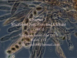 Chapter 5  Microbial Nutrition and Culture cont’d Siti Sarah Jumali (ext 2123) Room 3/14 [email_address] 