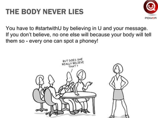 You have to #startwithU by believing in U and your message.
If you don’t believe, no one else will because your body will tell
them so - every one can spot a phoney!
THE BODY NEVER LIES
 