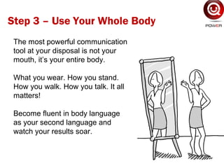 The most powerful communication
tool at your disposal is not your
mouth, it’s your entire body.
What you wear. How you stand.
How you walk. How you talk. It all
matters!
Become fluent in body language
as your second language and
watch your results soar.
Step 3 – Use Your Whole Body
 