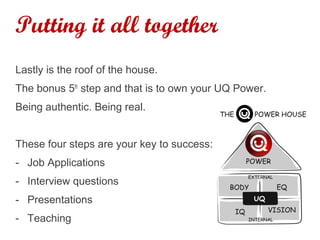 Putting it all together
Lastly is the roof of the house.
The bonus 5th
step and that is to own your UQ Power.
Being authentic. Being real.
These four steps are your key to success:
- Job Applications
- Interview questions
- Presentations
- Teaching
www.UQPower.com.au
 