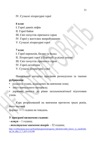 31
http://svitliteraturu.ucoz.ua/board/programi/programi_fakultativnikh_kursiv_iz_zarubizhn
oji_lit_dlja_5_7_kl/3-1-0-240
IV. Сучасні літературні герої
6 клас
І. Герої давніх міфів
ІІ. Герої байок
ІІІ. Світ почуттів ліричного героя
IV. Герої у життєвих випробуваннях
V. Сучасні літературні герої
7 клас
І. Герої переказів, билин та балад
ІІ. Літературні герої у боротьбі за рідну землю
ІІІ. Світ почуттів ліричного героя
IV. Герої-детективи
V. Сучасні літературні герої
Навчальний матеріал програми розподілено за такими
рубриками:
• кількість годин, відведених на вивчення теми;
• зміст навчального матеріалу;
• державні вимоги до рівня загальноосвітньої підготовки
учнів.
Курс розрахований на вивчення протягом трьох років,
його часовий
формат — 1 година на тиждень.
У програмі визначено години:
- вступ – 1 година;
- текстуальне вивчення творів – 32 години;
 