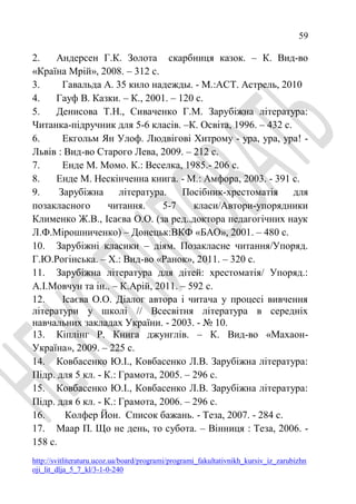59
http://svitliteraturu.ucoz.ua/board/programi/programi_fakultativnikh_kursiv_iz_zarubizhn
oji_lit_dlja_5_7_kl/3-1-0-240
2. Андерсен Г.К. Золота скарбниця казок. – К. Вид-во
«Країна Мрій», 2008. – 312 с.
3. Гавальда А. 35 кило надежды. - М.:АСТ. Астрель, 2010
4. Гауф В. Казки. – К., 2001. – 120 с.
5. Денисова Т.Н., Сиваченко Г.М. Зарубіжна література:
Читанка-підручник для 5-6 класів. –К. Освіта, 1996. – 432 с.
6. Екгольм Ян Улоф. Людвігові Хитрому - ура, ура, ура! -
Львів : Вид-во Старого Лева, 2009. – 212 с.
7. Енде М. Момо. К.: Веселка, 1985.- 206 с.
8. Енде М. Нескінченна книга. - М.: Амфора, 2003. - 391 с.
9. Зарубіжна література. Посібник-хрестоматія для
позакласного читання. 5-7 класи/Автори-упорядники
Клименко Ж.В., Ісаєва О.О. (за ред..доктора педагогічних наук
Л.Ф.Мірошниченко) – Донецьк:ВКФ «БАО», 2001. – 480 с.
10. Зарубіжні класики – діям. Позакласне читання/Упоряд.
Г.Ю.Рогінська. – Х.: Вид-во «Ранок», 2011. – 320 с.
11. Зарубіжна література для дітей: хрестоматія/ Упоряд.:
А.І.Мовчун та ін.. – К.Арій, 2011. – 592 с.
12. Ісаєва О.О. Діалог автора і читача у процесі вивчення
літератури у школі // Всесвітня література в середніх
навчальних закладах України. - 2003. - № 10.
13. Кіплінг Р. Книга джунглів. – К. Вид-во «Махаон-
Україна», 2009. – 225 с.
14. Ковбасенко Ю.І., Ковбасенко Л.В. Зарубіжна література:
Підр. для 5 кл. - К.: Грамота, 2005. – 296 с.
15. Ковбасенко Ю.І., Ковбасенко Л.В. Зарубіжна література:
Підр. для 6 кл. - К.: Грамота, 2006. – 296 с.
16. Колфер Йон. Список бажань. - Теза, 2007. - 284 с.
17. Маар П. Що не день, то субота. – Вінниця : Теза, 2006. -
158 с.
 