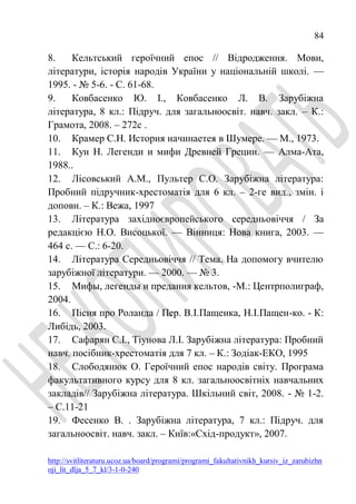 84
http://svitliteraturu.ucoz.ua/board/programi/programi_fakultativnikh_kursiv_iz_zarubizhn
oji_lit_dlja_5_7_kl/3-1-0-240
8. Кельтський героїчний епос // Відродження. Мови,
літератури, історія народів України у національній школі. —
1995. - № 5-6. - С. 61-68.
9. Ковбасенко Ю. І., Ковбасенко Л. В. Зарубіжна
література, 8 кл.: Підруч. для загальноосвіт. навч. закл. – К.:
Грамота, 2008. – 272с .
10. Крамер С.Н. История начинаетея в Шумере. — М., 1973.
11. Кун Н. Легенди и мифи Древней Греции. — Алма-Ата,
1988..
12. Лісовський А.М., Пультер С.О. Зарубіжна література:
Пробний підручник-хрестоматія для 6 кл. – 2-ге вид., змін. і
доповн. – К.: Вежа, 1997
13. Література західноєвропейського середньовіччя / За
редакцією Н.О. Висоцької. — Вінниця: Нова книга, 2003. —
464 с. — С.: 6-20.
14. Література Середньовіччя // Тема. На допомогу вчителю
зарубіжної літератури. — 2000. — № 3.
15. Мифы, легенды и предания кельтов, -М.: Центрполиграф,
2004.
16. Пісня про Роланда / Пер. В.І.Пащенка, Н.І.Пащен-ко. - К:
Либідь, 2003.
17. Сафарян С.І., Тіунова Л.І. Зарубіжна література: Пробний
навч. посібник-хрестоматія для 7 кл. – К.: Зодіак-ЕКО, 1995
18. Слободянюк О. Героїчний епос народів світу. Програма
факультативного курсу для 8 кл. загальноосвітніх навчальних
закладів// Зарубіжна література. Шкільний світ, 2008. - № 1-2.
– С.11-21
19. Фесенко В. . Зарубіжна література, 7 кл.: Підруч. для
загальноосвіт. навч. закл. – Київ:«Схід-продукт», 2007.
 