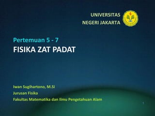 Pertemuan 5 - 7 FISIKA ZAT PADAT Iwan Sugihartono, M.Si Jurusan Fisika Fakultas Matematika dan Ilmu Pengetahuan Alam 