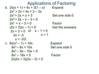 b. 2x(x + 1) = 4x + 3(1 – x) Expand
2x2 + 2x = 4x + 3 – 3x
2x2 + 2x = x + 3 Set one side 0
2x2 + 2x – x – 3 = 0
2x2 + x – 3 = 0 Factor
(2x + 3)(x – 1) = 0 Get the answers
2x + 3 = 0
2x = -3
x = -3/2
Applications of Factoring
or x – 1 = 0
x = 1
c. 8x(x2 – 1) = 10x Expand
8x3 – 8x = 10x Set one side 0
8x3 – 8x – 10x = 0
8x3 – 18x = 0 Factor
2x(2x + 3)(2x – 3) = 0
 