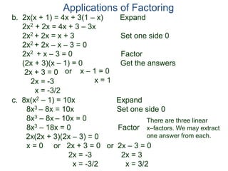 b. 2x(x + 1) = 4x + 3(1 – x) Expand
2x2 + 2x = 4x + 3 – 3x
2x2 + 2x = x + 3 Set one side 0
2x2 + 2x – x – 3 = 0
2x2 + x – 3 = 0 Factor
(2x + 3)(x – 1) = 0 Get the answers
2x + 3 = 0
2x = -3
x = -3/2
Applications of Factoring
or x – 1 = 0
x = 1
c. 8x(x2 – 1) = 10x Expand
8x3 – 8x = 10x Set one side 0
8x3 – 8x – 10x = 0
8x3 – 18x = 0 Factor
2x(2x + 3)(2x – 3) = 0
x = 0 or 2x + 3 = 0 or 2x – 3 = 0
2x = -3 2x = 3
x = -3/2 x = 3/2
There are three linear
x–factors. We may extract
one answer from each.
 