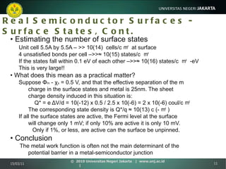Real Semiconductor Surfaces - Surface States, Cont. •  Estimating the number of surface states Unit cell 5.5A by 5.5A – >> 10(14)  cells/c ㎡  at surface 4 unsatisfied bonds per cell –>>≈ 10(15) states/c  ㎡ If the states fall within 0.1 eV of each other –>>≈ 10(16) states/c  ㎡  -eV This is very large!! •  What does this mean as a practical matter? Suppose Φ m  - χ s  = 0.5 V, and that the effective separation of the m   charge in the surface states and metal is 25nm. The sheet   charge density induced in this situation is:   Q* = e ΔV/d = 10(-12) x 0.5 / 2.5 x 10(-6) = 2 x 10(-6) coul/c ㎡   The corresponding state density is Q*/q ≈ 10(13) c (- ㎡ ) If all the surface states are active, the Fermi level at the surface   will change only 1 mV; if only 10% are active it is only 10 mV. Only if 1%, or less, are active can the surface be unpinned. •  Conclusion   The metal work function is often not the main determinant of the   potential barrier in a metal-semiconductor junction 15/03/11 ©  2010 Universitas Negeri Jakarta  |  www.unj.ac.id  | 