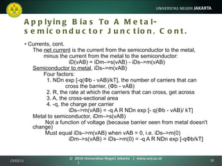 Applying Bias To A Metal-semiconductor Junction, Cont. •  Currents, cont. The  net current  is the current from the semiconductor to the metal,   minus the current from the metal to the semiconductor: iD(vAB) = iDm–>s(vAB) - iDs–>m(vAB) Semiconductor to metal , iDs–>m(vAB)   Four factors: 1. NDn exp [-q(Φb - vAB)/kT], the number of carriers that can   cross the barrier, (Φb - vAB) 2. R, the rate at which the carriers that can cross, get across 3. A, the cross-sectional area 4. -q, the charge per carrier iDs–>m(vAB) = -q A R NDn exp [- q(Φb - vAB)/ kT] Metal to semiconductor, iDm–>s(vAB)   Not a function of voltage (because barrier seen from metal doesn't change)   Must equal iDs–>m(vAB) when vAB = 0, i.e. iDs–>m(0) iDm–>s(vAB) = iDs–>m(0) = -q A R NDn exp [-qΦb/kT] 15/03/11 ©  2010 Universitas Negeri Jakarta  |  www.unj.ac.id  | 