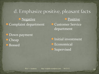 04/23/13Win ++ Academy http//:weplalit.wordpress.com
14
Negative
Complaint department
Down payment
Cheap
Bossed
Positive
Customer Service
department
Initial investment
Economical
Supervised
 