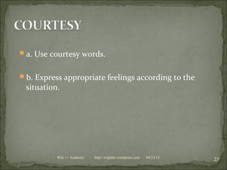 a. Use courtesy words.
b. Express appropriate feelings according to the
situation.
04/23/13
23Win ++ Academy http//:weplalit.wordpress.com
 