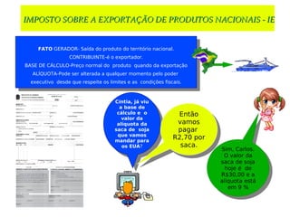       
IMPOSTO SOBRE A EXPORTAÇÃO DE PRODUTOS NACIONAIS ­ IEIMPOSTO SOBRE A EXPORTAÇÃO DE PRODUTOS NACIONAIS ­ IE
                                                                              
FATO GERADOR- Saída do produto do território nacional.
CONTRIBUINTE-é o exportador.
BASE DE CÁLCULO-Preço normal do produto quando da exportação
ALÍQUOTA-Pode ser alterada a qualquer momento pelo poder
executivo desde que respeite os limites e as condições fiscais.
FATO GERADOR- Saída do produto do território nacional.
CONTRIBUINTE-é o exportador.
BASE DE CÁLCULO-Preço normal do produto quando da exportação
ALÍQUOTA-Pode ser alterada a qualquer momento pelo poder
executivo desde que respeite os limites e as condições fiscais.
Cíntia, já viu
a base de
cálculo e o
valor da
alíquota da
saca de soja
que vamos
mandar para
os EUA?
Cíntia, já viu
a base de
cálculo e o
valor da
alíquota da
saca de soja
que vamos
mandar para
os EUA?
Sim, Carlos.
O valor da
saca de soja
hoje é de
R$30,00 e a
aliquota está
em 9 %
Sim, Carlos.
O valor da
saca de soja
hoje é de
R$30,00 e a
aliquota está
em 9 %
Então
vamos
pagar
R2,70 por
saca.
Então
vamos
pagar
R2,70 por
saca.
 