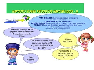 IMPOSTO SOBRE PRODUTOS IMPORTADOS ­ II IMPOSTO SOBRE PRODUTOS IMPORTADOS ­ II 
FATO GERADOR- Entrada do produto estrangeiro
no território nacional.
CONTRIBUINTE- é o importador.
BASE DE CÁLCULO-Preço normal do produto quando da importação
ALÍQUOTA-Pode ser alterada a qualquer momento pelo poder
executivo desde que respeite
os limites e as condições legais.
Descobri o valor que o Caio
pagou de imposto sobre o par
de calçado que veio da
China.
Como
descobriu ?Ouvi ele falando que
cada par custou R$
20,00 e a alíquota foi
de 10%
O Imposto a
pagar por par de
sapato foi de R$
2,00.Isso
mesmo!
 