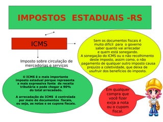 IMPOSTOS ESTADUAIS -RS
ICMS
Imposto sobre circulação de
mercadorias e serviços
O ICMS é o mais importante
imposto estadual porque representa
a mais expressiva fonte de receita
tributária e pode chegar a 90%
do total arrecadado.
A arrecadação do ICMS é controlada
por meio de documentos fiscais,
ou seja, as notas e os cupons fiscais.
Sem os documentos fiscais é
muito difícil para o governo
saber quanto vai arrecadar
e quem está sonegando.
A sonegação do ICMS ou o não recolhimento
deste imposto, assim como, o não
pagamento de qualquer outro imposto causa
prejuízo a coletividade, que deixa de
usufruir dos benefícios do imposto.
Em qualquer
compra que
você fizer
exija a nota
ou o cupom
fiscal.
 