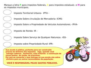 Marque a letra F para impostos federais, E para impostos estaduais e M para
os impostos municipais.
Imposto Territorial Urbano- IPTU -
Imposto Sobre circulação de Mercadoria- ICMS-
Imposto Sobre a Propriedade de Veículos Automotores.- IPVA-
Imposto de Renda- IR -
Imposto Sobre Serviço de Qualquer Natureza. -ISS-
Imposto sobre Propriedade Rural -IPR-
Sua escola é pública, portanto para ser construída
precisa do dinheiro dos impostos logo, quando você
estraga cadeiras , banheiros, está evitando a construção de
novos postos de saúde, de pracinhas.
Por que ao consertar o que estraga na sua escola não sobra
dinheiro para as outras necessidades da população.
VOCÊ É RESPONSÁVEL PELOS GASTOS PÚBLICOS.
 