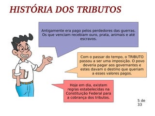 HISTÓRIA DOS TRIBUTOS
Antigamente era pago pelos perdedores das guerras.
Os que venciam recebiam ouro, prata, animais e até
escravos.
Com o passar do tempo, o TRIBUTO
passou a ser uma imposição. O povo
deveria pagar aos governantes e
estes davam o destino que queriam
a esses valores pagos.
Hoje em dia, existem
regras estabelecidas na
Constituição Federal para
a cobrança dos tributos.
5 de
33
 
