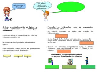 Aninha o que é
tributo?
Não lembro,
ajudem-me,
completando o
balão ao lado!
Ordene cronologicamente os fatos a
seguir, arrastando os retângulos
numerados:
Existe uma legislação para estabelecer o valor dos
tributos e onde aplicá-los.
1
Os tributos eram pagos pelos perdedores de
guerra.
3
Eram obrigados a pagar tributos aos governantes e
estes aplicavam como desejavam.
2
Preencha os retângulos, com as expressões
verdadeiro ou falso.
Os tributos iniciaram no Brasil por ocasião da
independência.
Com a chegada da família Real ao Brasil, novos impostos são
criados e com valores bem maiores servindo para sustentar a
família real.
Quando nos tornamos independentes surgiu o Direito
Tributário: Uma regulamentação para a cobrança dos
tributos.
Complete os retângulos identificando
os setores de aplicação dos tributos:
 