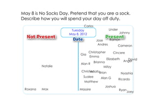 May 8 is No Socks Day. Pretend that you are a sock.
Describe how you will spend your day off duty.
                               Carlos
                       Tuesday                      Linder
                      May 8, 2012                            Johnny

                                         Jose    Ramon
                                          Andres     Cameron

                                   Christopher        Cincere
                             Gia
                                   Emma
                                                  Elizabeth      David
                                        Brianna                Angel
                             Alan R
          Natalie                             Mitzy
                             Christian
                                    AdolfoBrian               Nyashia
                              Sualee       Alan G            Ricardo
                               Matthew
                                                  Joshua
 Roxana   Max               Massire                          Ryan
                                                                    Joey
 