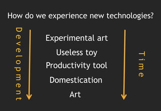 How do we experience new technologies?
 Development


               Experimental art
                 Useless toy




                                   Time
               Productivity tool
                Domestication
                     Art
 