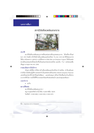 π§√√“™ ’¡“

                               ∂“π’«‘®—¬ ‘Ëß·«¥≈âÕ¡ –·°√“™




ª√–«—µ‘
         ∂“π’«‘®—¬ ‘Ëß·«¥≈âÕ¡ –·°√“™À√◊Õ·À≈àß ß«π™’«¡≥±≈ –·°√“™ ‰¥â°àÕµ—Èß¡“µ—Èß·µà
æ.». 2510 ‚¥¬¡’¿“√°‘®«‘®—¬¥â“π ‘Ëß·«¥≈âÕ¡·≈–π‘‡«»«‘∑¬“ „π æ.». 2519  ∂“π’«‘®—¬ –·°√“™
‰¥â√—∫°“√√—∫√Õß®“° UNESCO ¿“¬„µâ‚§√ß°“√ MAB (Man and Biosphere Program) „Àâ‡ªìπ·À≈àß
 ß«π™’«¡≥±≈·ÀàßÀπ÷Ëß¢Õß‚≈°´÷Ëß‡ªìπ·Ààß·√°¢Õßª√–‡∑»‰∑¬ ·≈–‡ªìπ 1 „π 7 ·Ààß¢Õß‡Õ‡´’¬
(¢âÕ¡Ÿ≈ ≥ æƒ…¿“§¡ æ.». 2545)
√“¬≈–‡Õ’¬¥°“√„Àâ∫√‘°“√
         ‡ªìπ ∂“π∑’Ë‡æ◊ËÕ°“√«‘®—¬∑“ß¥â“π ‘Ëß·«¥≈âÕ¡·≈–π‘‡«»«‘∑¬“ªÉ“‡¢µ√âÕπ (ªÉ“¥‘∫·≈âß·≈–
ªÉ“‡µÁß√—ß) ‡ªìπÀâÕßªØ‘∫—µ‘°“√∏√√¡™“µ‘ ‡ªìπ·À≈àß ß«π™’«¡≥±≈ (UNESCO Biosphere Reserves)
·ÀàßÀπ÷Ëß¢Õß‚≈°∑’Ë∑”Àπâ“∑’ËÕπÿ√—°…åæ—≤π“ ·≈– π—∫ πÿπ°“√»÷°…“«‘®—¬‡™◊ËÕ¡‚¬ß°—∫‡§√◊Õ¢à“¬
π“π“™“µ‘∑—Ë«‚≈° √«¡∑—Èß¡’∑’Ë»÷°…“∏√√¡™“µ‘·≈–æ—°ºàÕπÀ¬àÕπ„® ·≈–ª√–™ÿ¡·≈– —¡¡π“
‡«≈“∑”°“√
      ● ∑ÿ°«—π


 ∂“π∑’µ¥µàÕ
      Ë ‘
      ∂“π’«‘®—¬ ‘Ëß·«¥≈âÕ¡ –·°√“™ 1
     À¡Ÿà 9 µ.Õÿ¥¡∑√—æ¬å Õ.«—ßπÈ”‡¢’¬« ®.π§√√“™ ’¡“ 30370
     ‚∑√»—æ∑å : 0 4425 8642, 0 4424 2533, 0 4424 4474



∑’Ë¡“ : http://www.tistr.or.th/sakaerat


                                           58
 