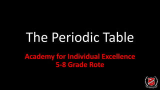 The Periodic Table
Academy for Individual Excellence
5-8 Grade Rote
 
