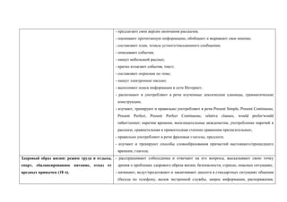 - предлагают свои версии окончания рассказов;
                                             - оценивают прочитанную информацию, обобщают и выражают свое мнение;
                                             - составляют план, тезисы устного/письменного сообщения;
                                             - описывают события;
                                             - пишут небольшой рассказ;
                                             - кратко излагают события, текст;
                                             - составляют опросник по теме;
                                             - пишут электронное письмо;
                                             - выполняют поиск информации в сети Интернет;
                                             - распознают и употребляют в речи изученные лексические единицы, грамматические
                                              конструкции;
                                             - изучают, тренируют и правильно употребляют в речи Present Simple, Present Continuous,
                                              Present Perfect, Present Perfect Continuous; relative clauses, would prefer/would
                                              rather/sooner; наречия времени, восклицательные междометия, употребление наречий в
                                              рассказе, сравнительная и превосходная степени сравнения прилагательных;
                                             - правильно употребляют в речи фразовые глаголы, предлоги;
                                             - изучают и тренируют способы словообразования причастий настоящего/прошедшего
                                              времени, глагола;
Здоровый образ жизни: режим труда и отдыха, - расспрашивают собеседника и отвечают на его вопросы, высказывают свою точку
спорт, сбалансированное питание, отказ от     зрения о проблемах здорового образа жизни, безопасности, страхах, опасных ситуациях;
вредных привычек (18 ч).                     - начинают, ведут/продолжают и заканчивают диалоги в стандартных ситуациях общения
                                              (беседа по телефону, вызов экстренной службы, запрос информации, распоряжения,
 