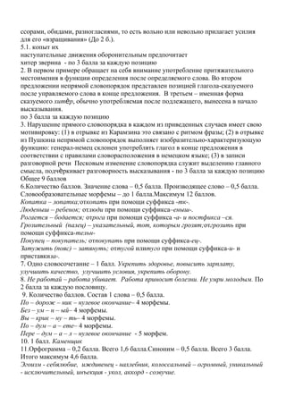 ссорами, обидами, разногласиями, то есть вольно или невольно прилагает усилия
для его «взращивания» (До 2 б.).
5.1. копыт их
наступательные движения оборонительным предпочитает
хитер зверина - по 3 балла за каждую позицию
2. В первом примере обращает на себя внимание употребление притяжательного
местоимения в функции определения после определяемого слова. Во втором
предложении непрямой словопорядок представлен позицией глагола-сказуемого
после управляемого слова в конце предложения. В третьем – именная форма
сказуемого хит рѐ , обычно употребляемая после подлежащего, вынесена в начало
высказывания.
по 3 балла за каждую позицию
3. Нарушение прямого словопорядка в каждом из приведенных случаев имеет свою
мотивировку: (1) в отрывке из Карамзина это связано с ритмом фразы; (2) в отрывке
из Пушкина непрямой словопорядок выполняет изобразительно-характеризующую
функцию: генерал-немец склонен употреблять глагол в конце предложения в
соответствии с правилами словорасположения в немецком языке; (3) в записи
разговорной речи Песковым изменение словопорядка служит выделению главного
смысла, подч ркивает разговорность высказывания - по 3 балла за каждую позициюѐ
Общее 9 баллов
6.Количество баллов. Значение слова – 0,5 балла. Производящее слово – 0,5 балла.
Словообразовательные морфемы – до 1 балла.Максимум 12 баллов.
Копатка – лопатка;откопать при помощи суффикса -тк-.
Люденыш – ребенок; отлюди при помощи суффикса–еныш-.
Рогается – бодается; отрога при помощи суффикса -а- и постфикса –ся.
Грозительный (палец) – указательный, тот, которым грозят;отгрозить при
помощи суффикса-тельн-
Покупец – покупатель; отпокупать при помощи суффикса-ец-.
Затужить (пояс) – затянуть; оттугой илитуго при помощи суффикса-и- и
приставкиза-.
7. Одно словосочетание – 1 балл. Укрепить здоровье, повысить зарплату,
улучшить качество, улучшить условия, укрепить оборону.
8. Не работай – работа убивает. Работа приносит болезни. Не умри молодым. По
2 балла за каждую пословицу.
9. Количество баллов. Состав 1 слова – 0,5 балла.
По – дорож – ник – нулевое окончание– 4 морфемы.
Без – ум – н – ый– 4 морфемы.
Вы – крик – ну – ть– 4 морфемы.
По – дум – а – ете– 4 морфемы.
Пере – дум – а – л – нулевое окончание - 5 морфем.
10. 1 балл. Каменщик
11.Орфограмма – 0,2 балла. Всего 1,6 балла.Синоним – 0,5 балла. Всего 3 балла.
Итого максимум 4,6 балла.
Эгоизм - себялюбие, иждивенец - нахлебник, колоссальный – огромный, уникальный
- исключительный, инъекция - укол, аккорд - созвучие.
 