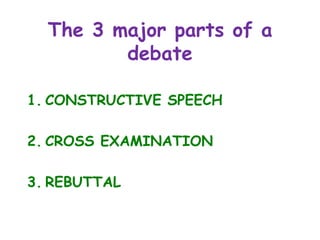 The 3 major parts of a
debate
1. CONSTRUCTIVE SPEECH
2. CROSS EXAMINATION
3. REBUTTAL
 